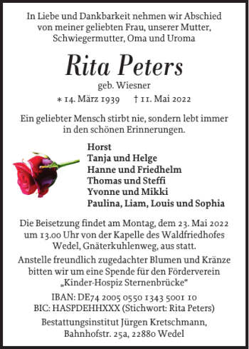 Traueranzeige von Rita Peters von Wedel-Schulauer Tageblatt