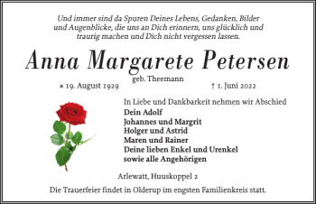Traueranzeige von Anna Margarete Petersen von Husumer Nachrichten