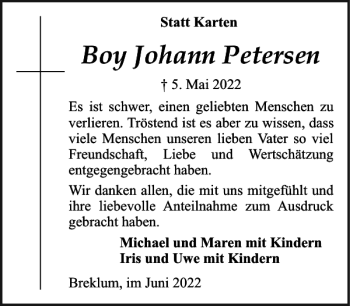Traueranzeige von Boy Johann Petersen von Husumer Nachrichten