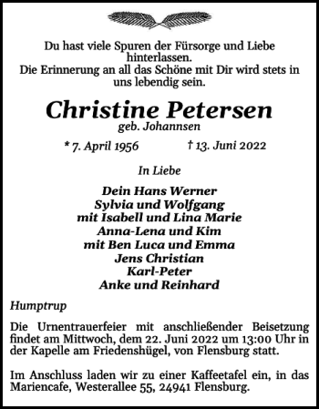 Traueranzeige von Christine Petersen von Flensburger Tageblatt