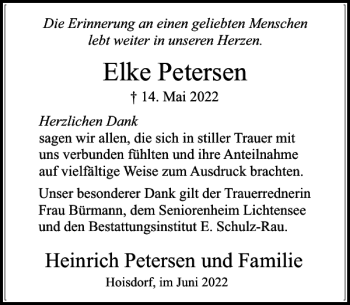 Traueranzeige von Elke Petersen von Stormarner Tageblatt