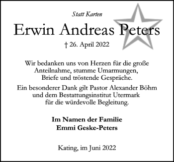 Traueranzeige von Erwin Andreas Peters von Husumer Nachrichten