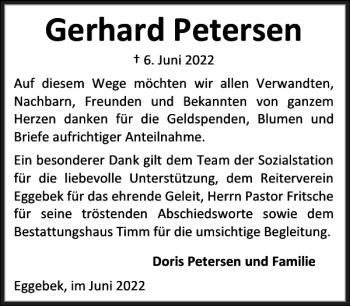 Traueranzeige von Gerhard Petersen von Flensburger Tageblatt