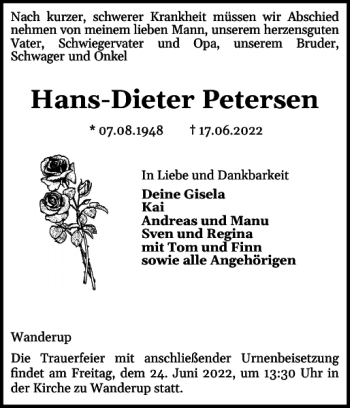 Traueranzeige von Hans-Dieter Petersen von Flensburger Tageblatt