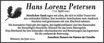 Traueranzeige von Hans Lorenz Petersen von Husumer Nachrichten