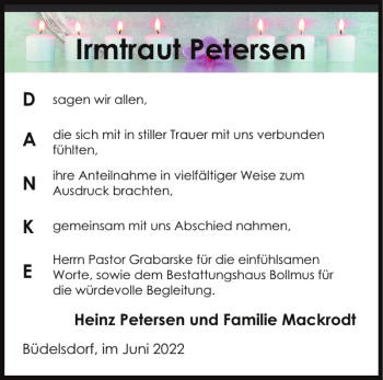 Traueranzeige von Irmtraut Petersen von Landeszeitung