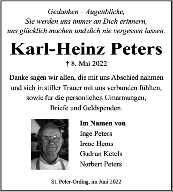 Traueranzeige von Karl-Heinz Peters von Husumer Nachrichten