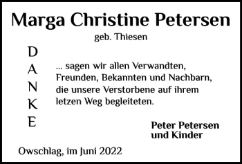 Traueranzeige von Marga Christine Petersen von Landeszeitung