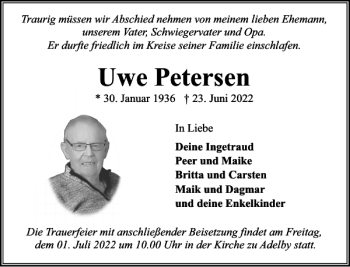 Traueranzeige von Uwe Petersen von Flensburger Tageblatt
