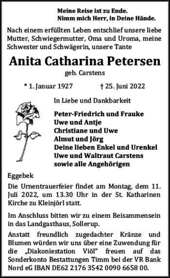 Traueranzeige von Anita Catharina Petersen von Flensburger Tageblatt