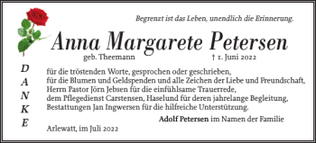 Traueranzeige von Anna Margarete Petersen von Husumer Nachrichten