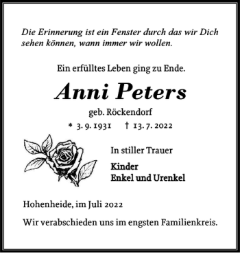 Traueranzeige von Anni Peters von Landeszeitung