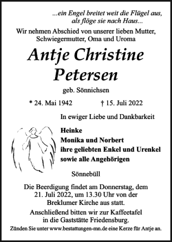 Traueranzeige von Antje Christine Petersen von Husumer Nachrichten