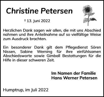 Traueranzeige von Christine Petersen von Flensburger Tageblatt
