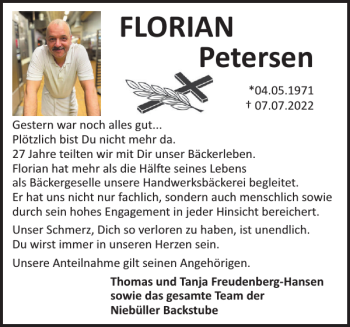 Traueranzeige von FLORIAN Petersen von Husumer Nachrichten