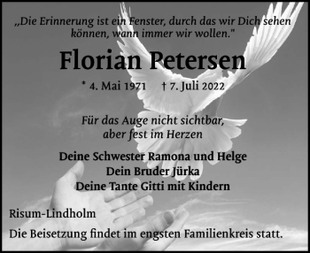Traueranzeige von Florian Petersen von Nordfriesland Tageblatt