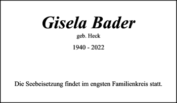Traueranzeige von Gisela Bader von Eckernförder Zeitung