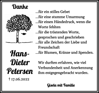 Traueranzeige von Hans-Dieter Petersen von Flensburger Tageblatt