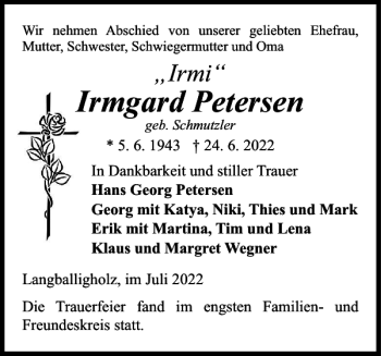 Traueranzeige von Irmgard Petersen von Flensburger Tageblatt