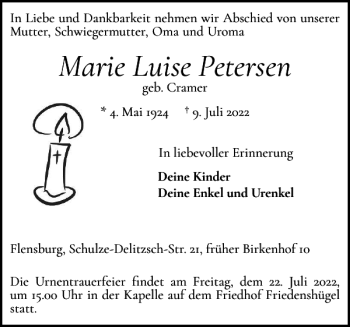 Traueranzeige von Marie Luise Petersen von Flensburger Tageblatt