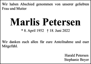 Traueranzeige von Marlis Petersen von Flensburger Tageblatt