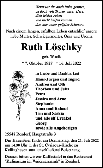 Traueranzeige von Ruth Löschky von Norddeutsche Rundschau