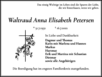 Traueranzeige von Waltraud Anna Elisabeth Petersen von Schleswiger Nachrichten