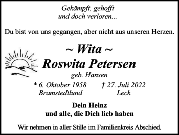Traueranzeige von Wita Roswita Petersen von Nordfriesland Tageblatt