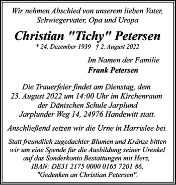 Traueranzeige von Christian Tichy Petersen von Flensburger Tageblatt