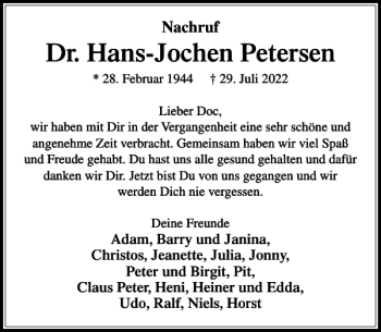 Traueranzeige von Dr. Hans-Jochen Petersen von Stormarner Tageblatt