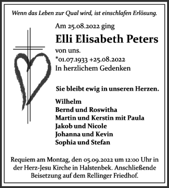 Traueranzeige von Elli Elisabeth Peters von Pinneberger Tageblatt