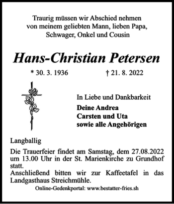 Traueranzeige von Hans-Christian Petersen von Flensburger Tageblatt