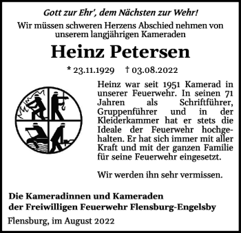 Traueranzeige von Heinz Petersen von Flensburger Tageblatt