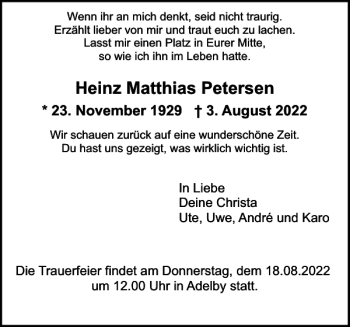 Traueranzeige von Heinz Matthias Petersen von Flensburger Tageblatt