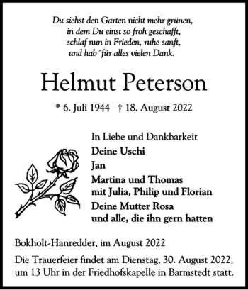 Traueranzeige von Helmut Peterson von Elmshorner Nachrichten