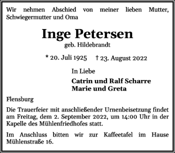 Traueranzeige von Inge Petersen von Flensburger Tageblatt