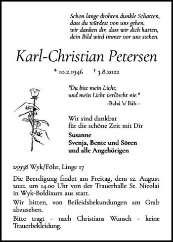 Traueranzeige von Karl-Christian Petersen von Der Insel-Bote