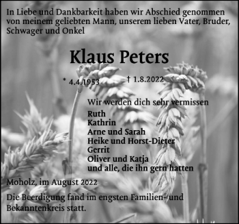 Traueranzeige von Klaus Peters von Landeszeitung