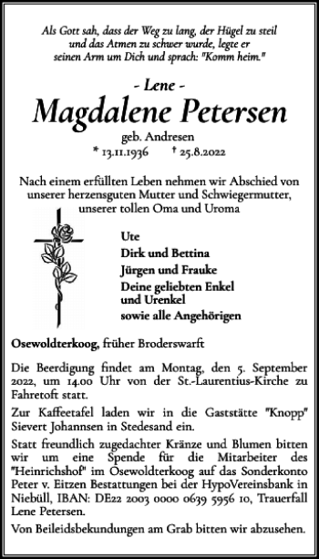 Traueranzeige von Magdalene Petersen von Nordfriesland Tageblatt