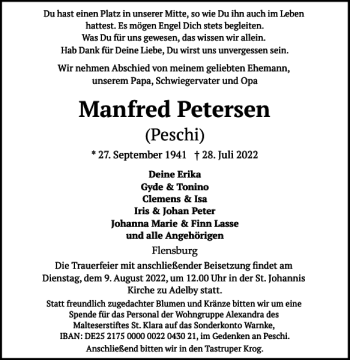 Traueranzeige von Manfred Petersen von Flensburger Tageblatt