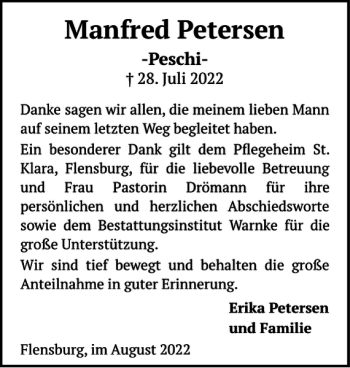 Traueranzeige von Manfred Petersen von Flensburger Tageblatt