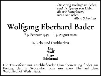 Traueranzeige von Wolfgang Eberhard Bader von Wedel-Schulauer Tageblatt