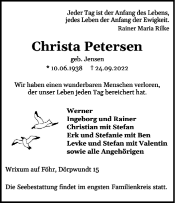 Traueranzeige von Christa Petersen von Der Insel-Bote