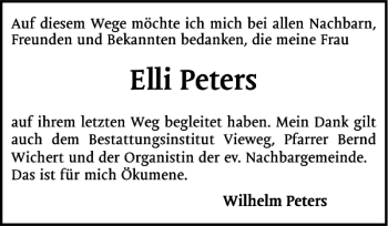 Traueranzeige von Elli Peters von Pinneberger Tageblatt