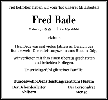 Traueranzeige von Fred Bade von Schleswiger Nachrichten