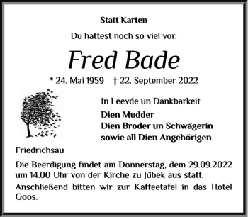 Traueranzeige von Fred Bade von Schleswiger Nachrichten