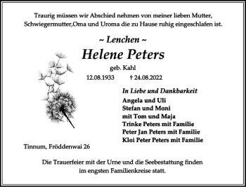 Traueranzeige von Helene Peters von Sylter Rundschau