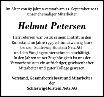 Traueranzeige von Helmut Petersen von Der Insel-Bote