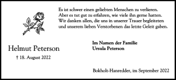 Traueranzeige von Helmut Peterson von Elmshorner Nachrichten