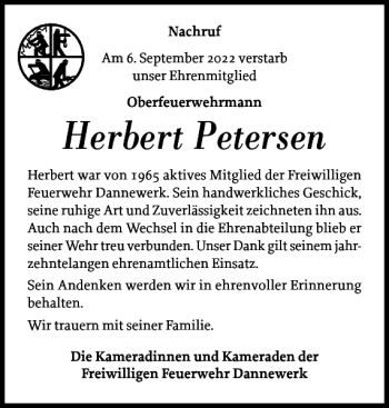 Traueranzeige von Herbert Petersen von Schleswiger Nachrichten